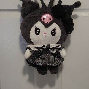 Plush Character Backpack in Dark Gray & White with Pink Accent
